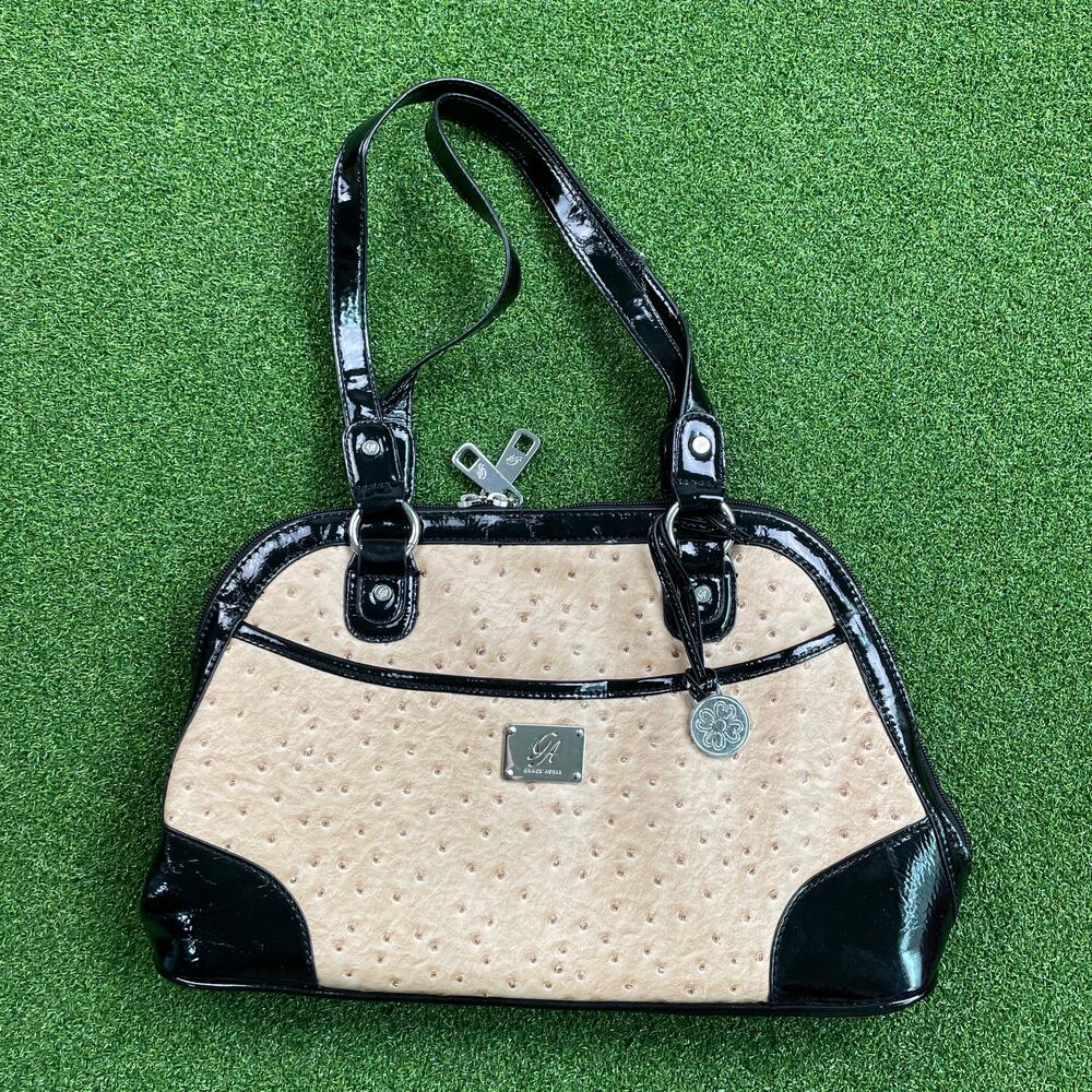 Grace Adele Beige Black Faux Leather Ostrich Style Satchel Shoulder Bag